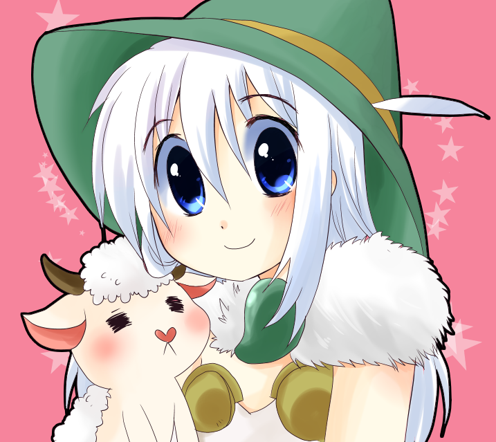 1girl, alchemist_(ragnarok_online), amistr_(ragnarok_online), baby_animal, blue_eyes, blush, brooch, closed_mouth