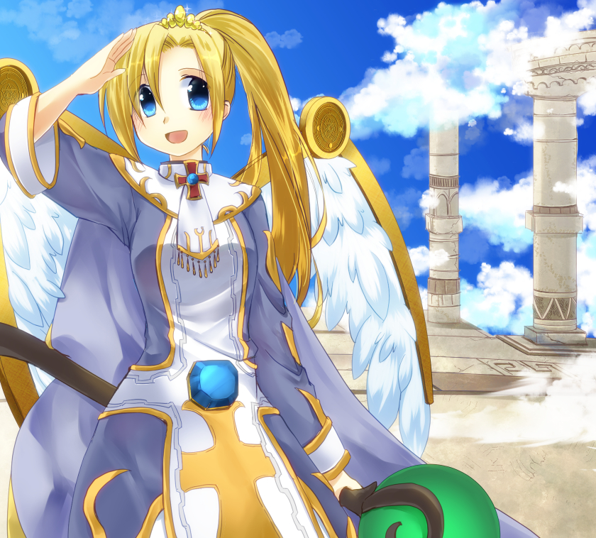 1girl, :d, asgard, asymmetrical_hair, blonde_hair, blue_dress, blue_eyes, blue_sky, blush, cloud, column, commentary_request, cowboy_shot, cross, dress, eyes_visible_through_hair, feathered_wings, high_ponytail, holding, holding_staff, kanagi_tsumugi, long_hair, looking_at_viewer, open_mouth, pillar, ponytail, priest_(asgard), salute, sky, smile, solo, staff, two-tone_dress, white_dress, white_wings, wings