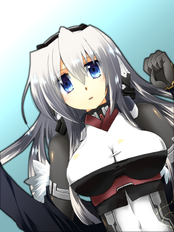 1girl, black_bodysuit, black_hairband, blue_background, blue_eyes, bodysuit, breasts, commentary_request