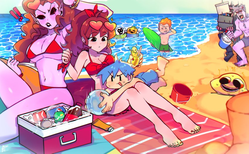 !, !!, 2girls, 4boys, absurdres, ball, barefoot, beach, beach_towel, benzbt, bikini, black_sclera, blue_hair, blue_male_swimwear, blue_swim_trunks, blush, boyfriend_(friday_night_funkin'), breasts, can, chest_hair, cleavage, colored_sclera, colored_skin, commentary, cooler, cup, daddy_dearest, day, english_commentary, eyewear_on_head, friday_night_funkin', girlfriend's_dad_(friday_night_funkin'), girlfriend_(friday_night_funkin'), green_male_swimwear, green_swim_trunks, grey_male_swimwear, grey_swim_trunks, highres, holding, innertube, large_breasts, lipstick, long_hair, makeup, male_swimwear, medium_breasts, mommy_mearest, monster_(friday_night_funkin'), mother_and_child, mother_and_daughter, multiple_boys, multiple_girls, nail_polish, open_mouth, orange_hair, outdoors, parent_and_child, pico_(newgrounds), ponytail, pump_(sr_pelo), purple_skin, red_bikini, red_eyes, red_nails, sitting, skid_(sr_pelo), sky, standing, sunglasses, sweat, swim_ring, swim_trunks, swimsuit, teeth, toenail_polish, toenails, topless_male, towel, tropical_drink, water