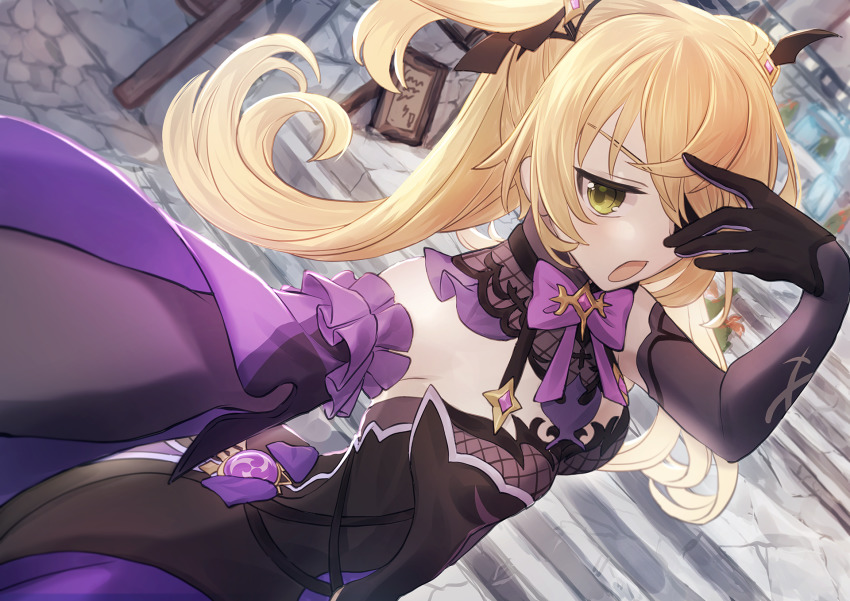 1girl, bare_shoulders, black_dress, blonde_hair, bow, bowtie, breasts, dress