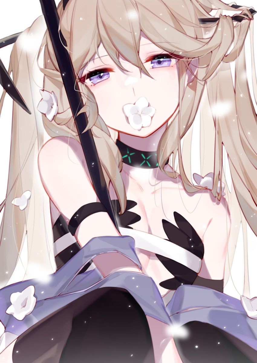 1girl, absurdres, arknights, bare_shoulders, black_thighhighs, blonde_hair, blush, breasts