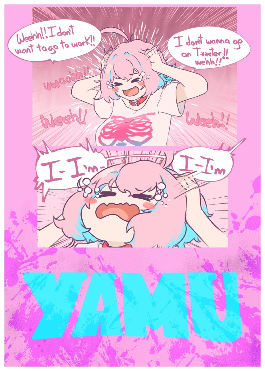 >_<, 1girl, absurdres, ahoge, belt_collar, blue_hair, blush, breasts, chefhart, collar, crying, english_text, hands_on_own_head, highres, idolmaster, idolmaster_cinderella_girls, invincible_(series), large_breasts, multicolored_hair, open_mouth, paint_splatter, parody, pink_hair, shirt, short_hair, skeleton_print, solo, speech_bubble, t-shirt, tears, two-tone_hair, wavy_mouth, yumemi_riamu