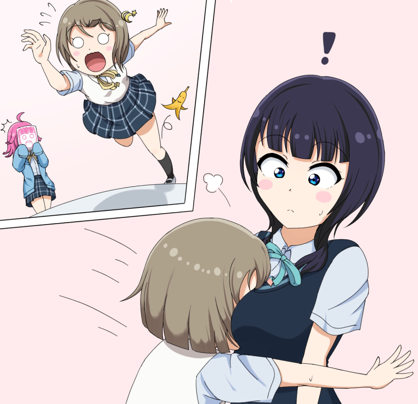 !, 3girls, accident, accidental_pervert, ahoge, asaka_karin, banana_peel, between_breasts