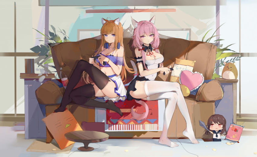 2girls, absurdres, ahoge, animal_ear_fluff, animal_ear_legwear, animal_ears, bare_shoulders, black_legwear