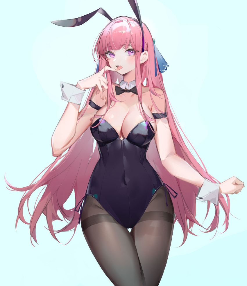 1girl, absurdres, animal_ears, bare_shoulders, black_bow, black_leotard, black_pantyhose, blue_background