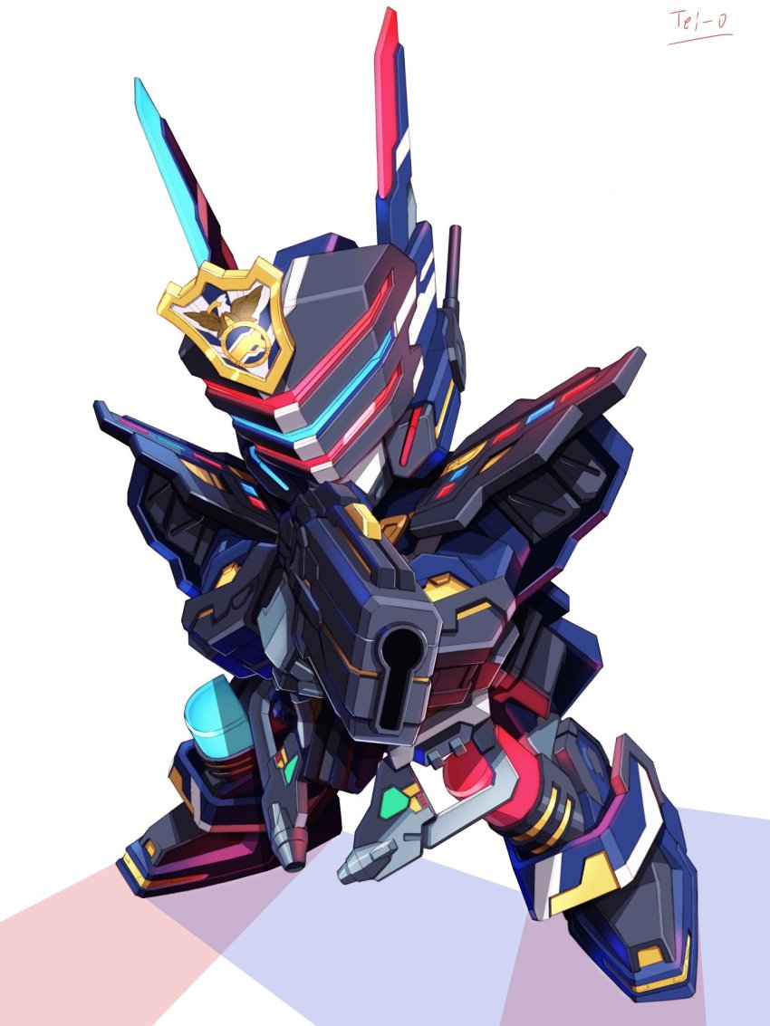 aiming, artist_name, gun, gundam, handgun, highres, holding, holding_gun, holding_weapon, mecha, mobile_suit, no_humans, pistol, police, robot, science_fiction, sd_gundam, sd_gundam_world_heroes, sergeant_verde_buster_gundam, solo, standing, tei-o, weapon