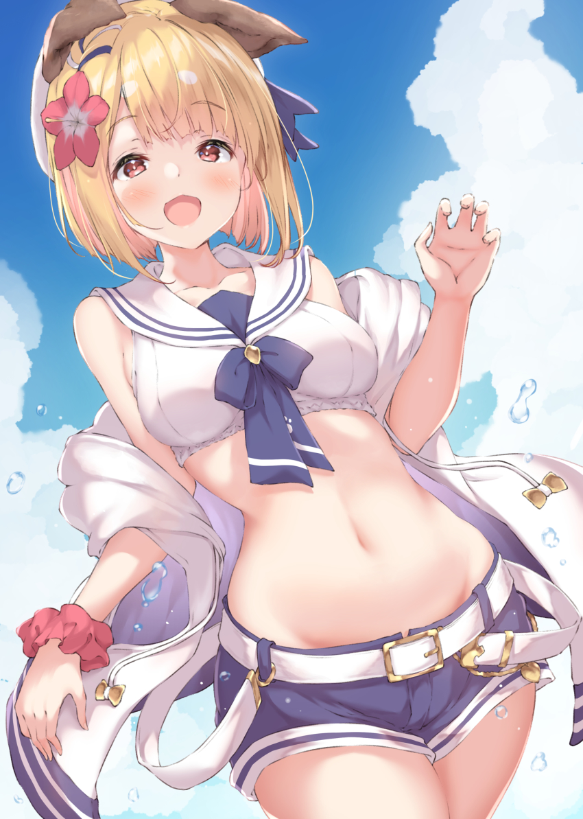 1girl, :d, absurdres, animal_ears, belt, bikini, blonde_hair, blue_ribbon