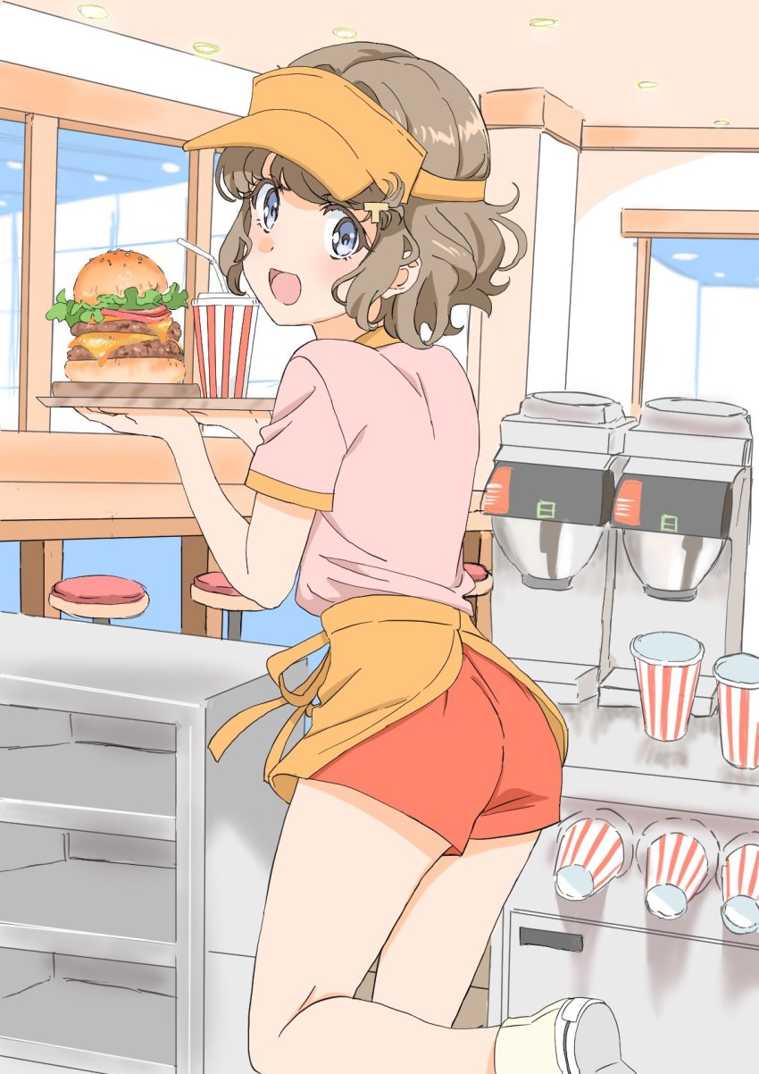 1girl, :d, bar_stool, blue_eyes, brown_hair, burger, commentary_request, cup