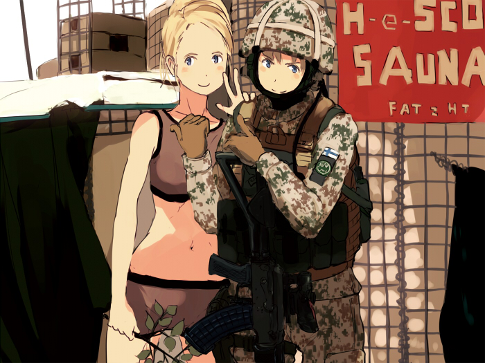 2girls, assault_rifle, bare_shoulders, blonde_hair, blue_eyes, blush_stickers, camouflage, camouflage_jacket