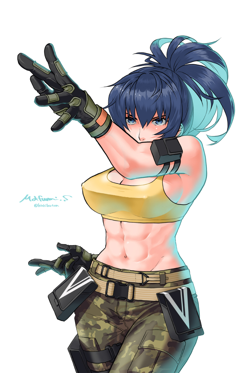 1girl, abs, artist_name, text_background, biceps, blue_eyes, blue_hair, breasts