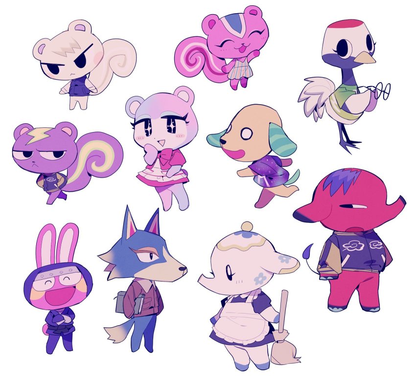 animal_crossing, barefoot, biskit_(animal_crossing), book, bottomless, broom, carrying, carrying_under_arm, coat, crossed_arms, cyd_(animal_crossing), dress, fur_trim, gladys_(animal_crossing), higa423, highres, jacket, judy_(animal_crossing), maid, marshal_(animal_crossing), ninja, nintendo, no_humans, peanut_(animal_crossing), snake_(animal_crossing), static_(animal_crossing), tia_(animal_crossing), waitress, white_background, wolfgang_(animal_crossing)