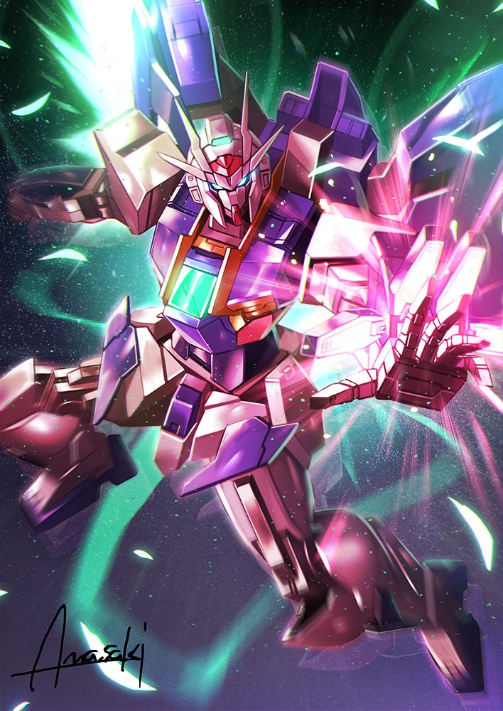 amasaki_yusuke, artist_name, blue_eyes, clenched_hand, glowing, glowing_eyes, gundam, gundam_00_sky