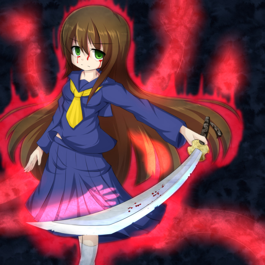 1girl, blood, blood_on_face, brown_hair, corpse_party, corpse_party_if, green_eyes, holding, holding_sword, holding_weapon, kasui_sayako, long_hair, neckerchief, pleated_skirt, sailor_collar, school_uniform, serafuku, skirt, solo, sword, umberblack, weapon