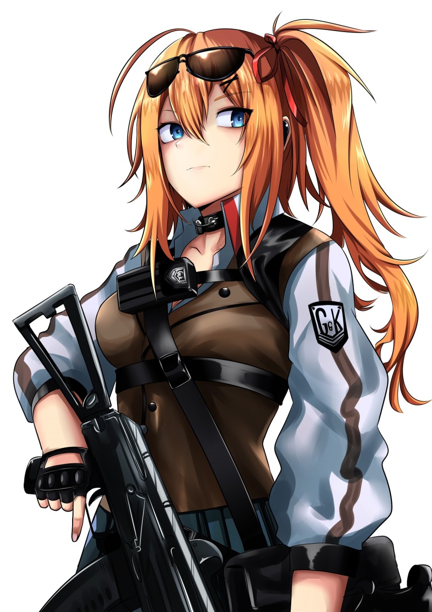 1girl, blue_eyes, breasts, closed_mouth, cowboy_shot, expressionless, eyewear_on_head, girls'_frontline, griffin_&amp;_kryuger_logo, grifon_&amp;_kryuger, gun, hair_between_eyes, hair_ornament, hair_ribbon, highres, holding, holding_gun, holding_weapon, kalina_(girls'_frontline), long_hair, looking_at_viewer, official_alternate_costume, orange_hair, pleated_skirt, red_ribbon, rei, rei0, ribbon, shirt, side_ponytail, simple_background, skirt, solo, sunglasses, weapon, white_background