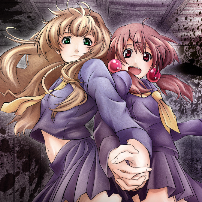 2girls, brown_hair, corpse_party, corpse_party_if, green_eyes, hair_bobbles, hair_ornament, holding_hands