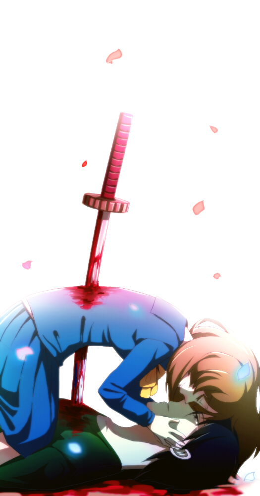 1boy, 1girl, ahopan, black_hair, blood, brown_hair, corpse_party, corpse_party_(pc-98), corpse_party_if, death, impaled, kasui_sayako, kishinuma_yoshiki, kishinuma_yoshiki_(pc-98), long_hair, aged_up, sailor_collar, school_uniform, serafuku, short_hair, sword, tears, weapon