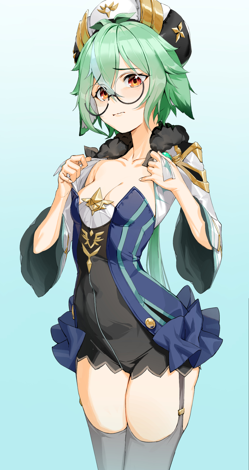 1girl, absurdres, blue_background, breasts, cleavage, collarbone, cowboy_shot, dress, garter_straps, gdd_(vkejr702), genshin_impact, glasses, gradient_background, green_hair, grey_thighhighs, hair_between_eyes, headwear_request, highres, long_hair, long_sleeves, low_ponytail, medium_breasts, orange_eyes, ponytail, round_eyewear, short_dress, small_breasts, solo, standing, sucrose_(genshin_impact), thighhighs, very_long_hair, wide_sleeves