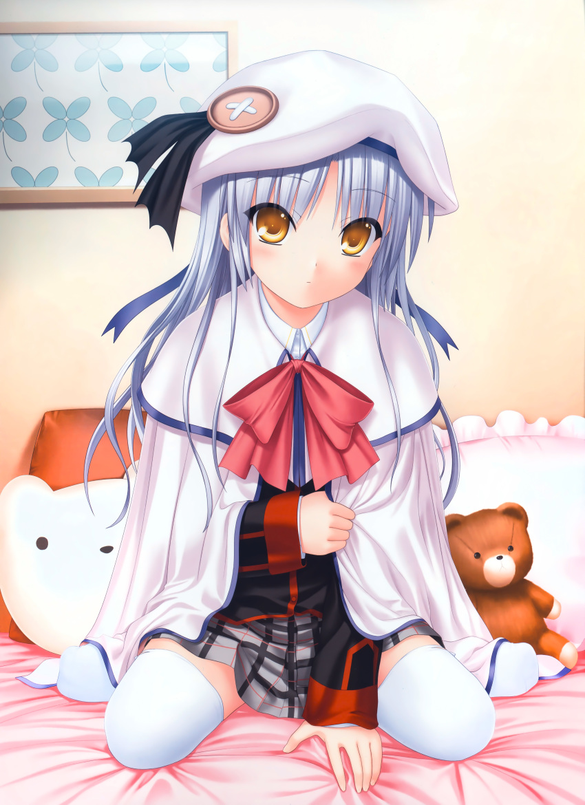 1girl, absurdres, angel_beats!, bedroom, black_jacket, black_ribbon, blush, cape, capelet, closed_mouth, cosplay, grey_skirt, hair_between_eyes, hat, hat_ribbon, highres, indoors, jacket, kud_wafter, little_busters!, long_hair, long_sleeves, looking_at_viewer, miniskirt, na-ga, noumi_kudryavka, noumi_kudryavka_(cosplay), on_bed, pink_neckwear, plaid_clothes, plaid_skirt, pleated_skirt, ribbon, school_uniform, silver_hair, sitting, skirt, solo, stuffed_animal, stuffed_toy, teddy_bear, tenshi_(angel_beats!), thighhighs, wariza, white_cape, white_capelet, white_hat, white_thighhighs, yellow_eyes, zettai_ryouiki