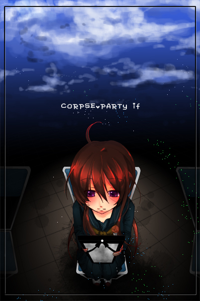 1girl, brown_hair, chair, corpse_party_if, from_above, funeral, holding, holding_photo, iei, long_hair, minamino_akari, miso_(xllhimallx), official_art, photo_(object), portrait_(object), school_uniform, serafuku, sitting, solo, twintails