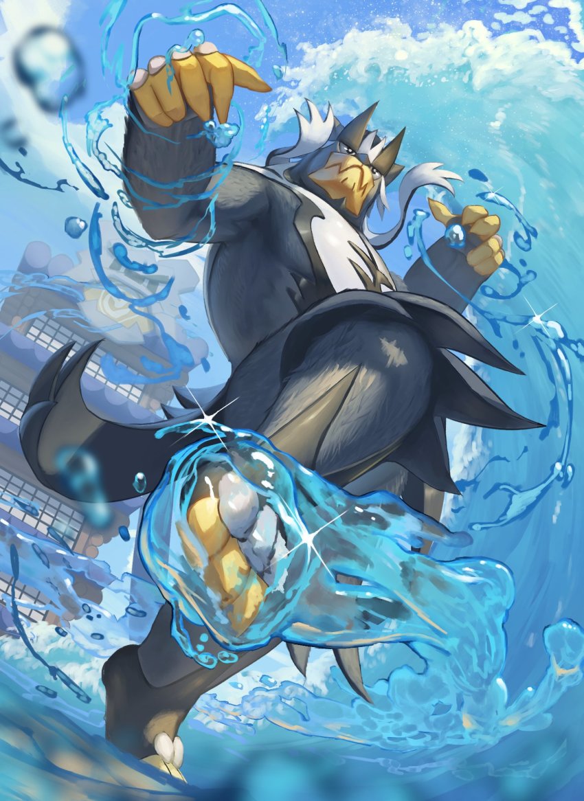 black_eyes, blurry, building, closed_mouth, cloud, commentary_request, day, from_below