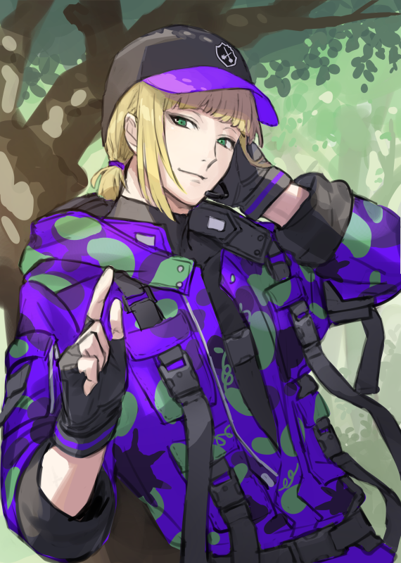 1boy, backpack, bag, baseball_cap, belt, black_gloves, blonde_hair, buttons, chorefuji, closed_mouth, commentary_request, day, fingerless_gloves, gloves, green_eyes, hair_tie, hat, index_finger_raised, looking_at_viewer, male_focus, outdoors, rook_hunt, rook_hunt_(beans_camo), smile, solo, tree, twisted_wonderland