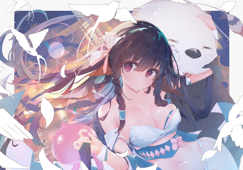 1girl, absurdres, animal, aquaplus, bird, black_hair, braid, breasts, clearwater6429, cleavage, closed_mouth, cocopo_(utawarerumono:_itsuwari_no_kamen), collarbone, curvy, feathers, female_focus, hair_ribbon, head_tilt, headpat, highres, jellyfish, large_breasts, long_hair, looking_to_the_side, midriff, red_eyes, ribbon, rulutieh, smile, swimsuit, utawarerumono, utawarerumono:_itsuwari_no_kamen, utawarerumono:_lost_flag