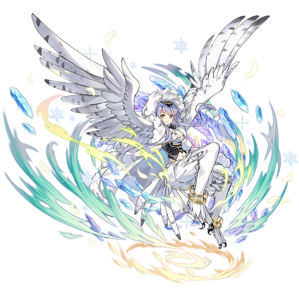 1girl, anklet, artist_request, bird, bird_legs, bird_tail, black_vest, blush, breasts, cleavage, cloak, clover_theater, feathered_wings, feathers, fur-trimmed_cloak, fur_trim, gem, harpy, hood, hood_up, hooded_cloak, jewelry, medium_breasts, midriff, monster_girl, navel, official_art, outstretched_arms, owl, sandway_(clover_theater), short_hair, short_hair_with_long_locks, silver_hair, snowflakes, snowy_owl, solo, tail, talons, transparent_background, vest, white_cloak, white_feathers, winged_arms, wings, yellow_eyes