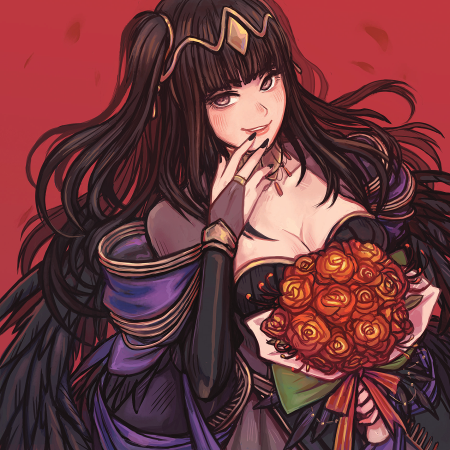 1girl, black_dress, black_gloves, black_hair, bouquet, breasts, bridal_gauntlets, bride, cleavage, commentary, dress, elbow_gloves, english_commentary, faithom, fire_emblem, fire_emblem_awakening, fire_emblem_heroes, flower, gloves, grey_eyes, large_breasts, long_hair, looking_at_viewer, nintendo, solo, tharja_(obsessive_bride)_(fire_emblem), tharja_(fire_emblem), tiara, two_side_up, upper_body, wedding_dress