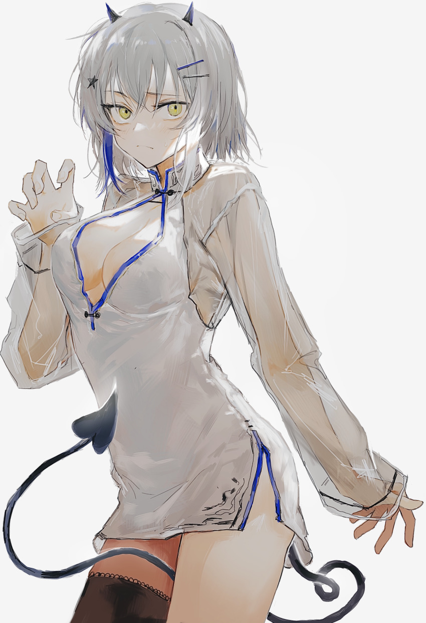 1girl, absurdres, asymmetrical_legwear, bad_id, bad_pixiv_id, black_thighhighs, blue_hair, breasts