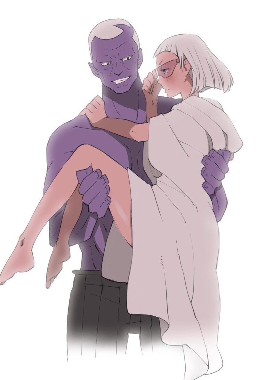 1boy, 1girl, adjusting_eyewear, adjusting_glasses, barefoot, black_pants, blue_eyes, carrying