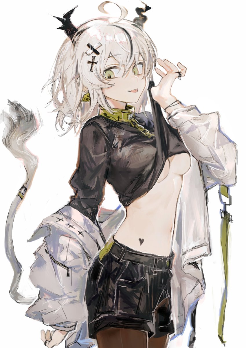 1girl, absurdres, ahoge, black_hair, black_horns, black_pantyhose, black_shirt, black_shorts