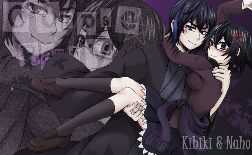 1boy, 1girl, black_hair, blazer, carrying, corpse_party, glasses, hair_ornament