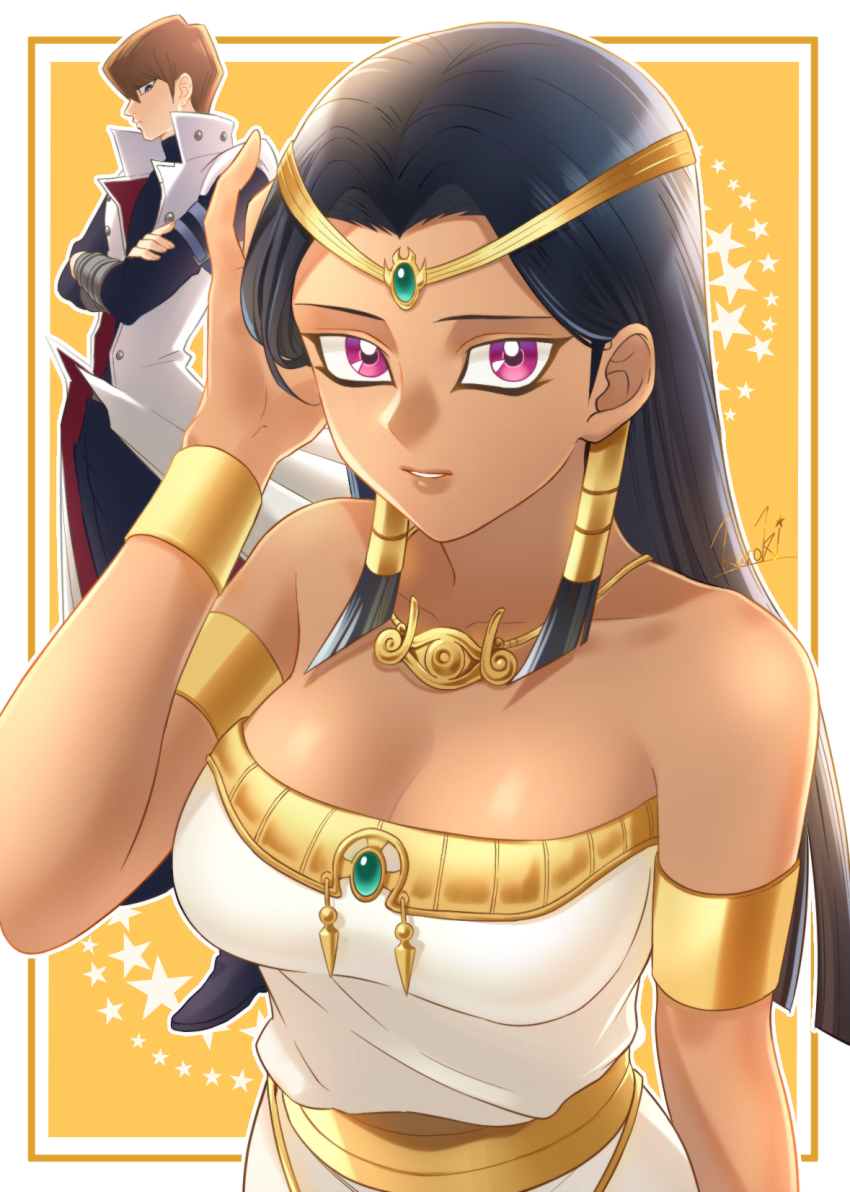 1boy, 1girl, arm_up, armlet, bracelet, breasts, cleavage, dark-skinned_female, dark_skin, forehead_jewel, hair_tubes, highres, ishizu_ishtar, jewelry, kaiba_seto, kurokiseow, large_breasts, looking_at_viewer, millennium_necklace, outline, parted_lips, purple_hair, signature, solo_focus, white_outline, yellow_background, yu-gi-oh!, yu-gi-oh!_duel_monsters