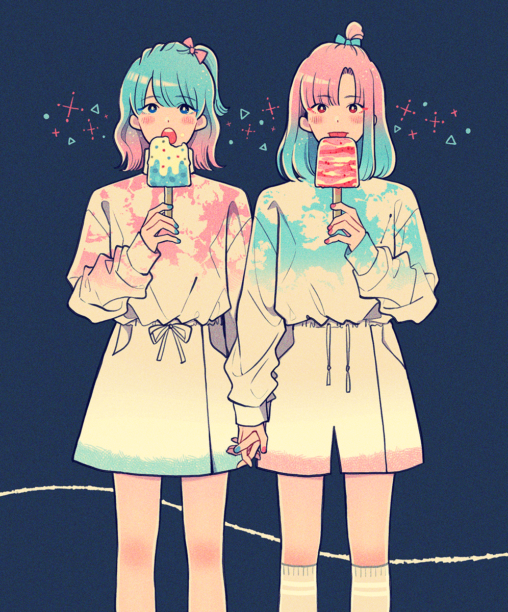 2girls, blouse, blue_background, blue_bow, blue_eyes, blue_hair, blue_nails, blue_shirt