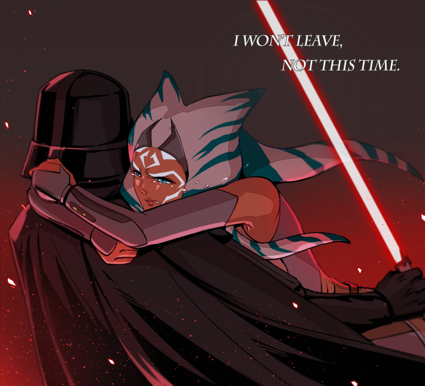 1boy, 1g, 1girl, ahsoka_tano, ars, darth_vader, energy_sword, hug, lightsaber, sad, sword, tagme, weapon