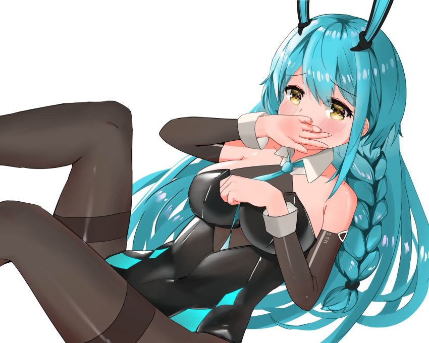 1girl, animal_ears, azur_lane, black_leotard, black_pantyhose, blue_hair, blue_necktie, blush