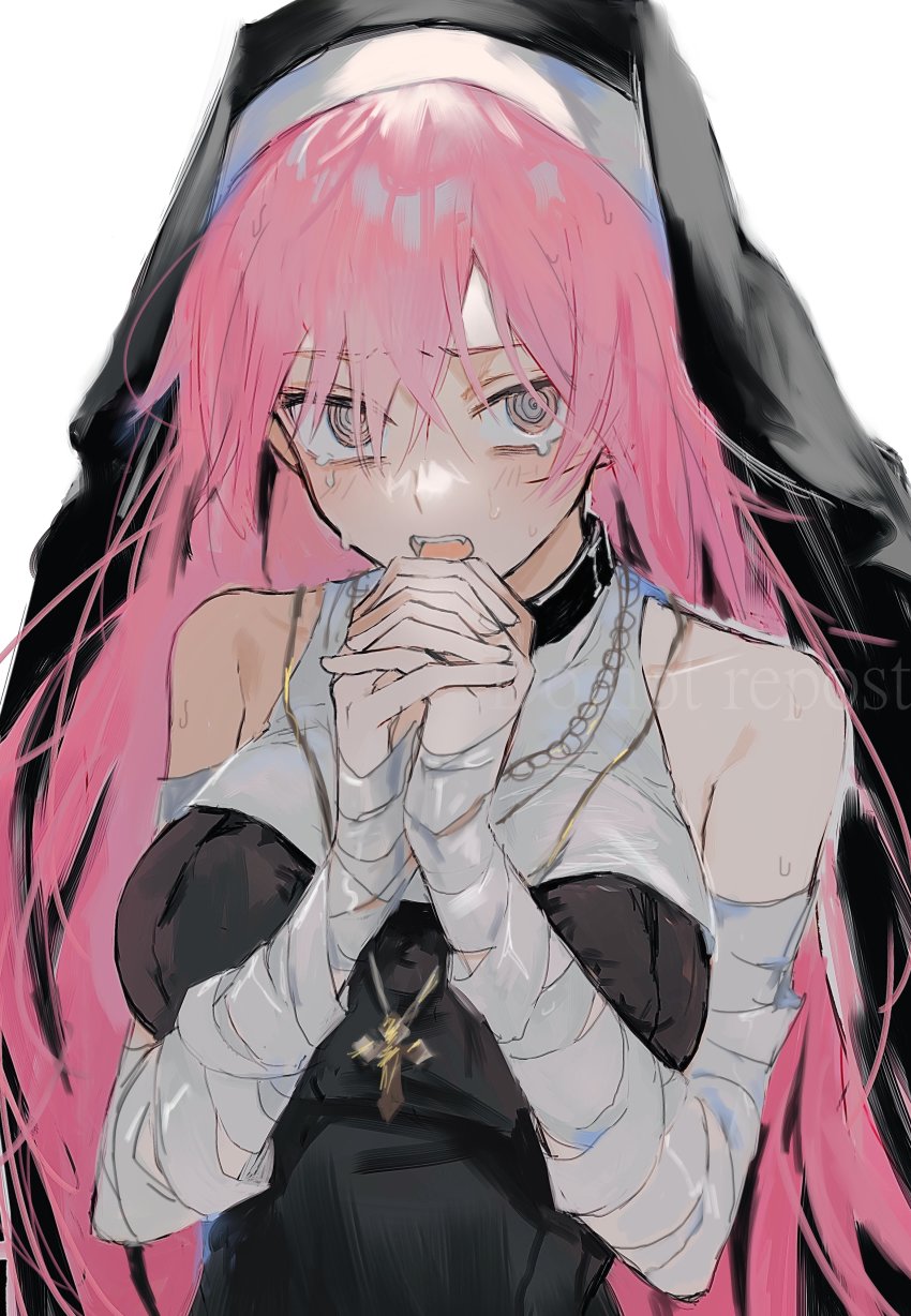 1girl, @_@, absurdres, bandaged_arm, bandages, bare_shoulders, black_headwear, breasts, cross, cross_necklace, crying, crying_with_eyes_open, fangs, grey_eyes, habit, hands_up, highres, jewelry, large_breasts, long_hair, looking_at_viewer, necklace, nun, nun_headdress, open_mouth, original, own_hands_clasped, own_hands_together, pink-haired_nun_(404notfound), pink_hair, simple_background, solo, suechimu, sweat, tears, teeth, upper_body, upper_teeth_only, watermark, white_background