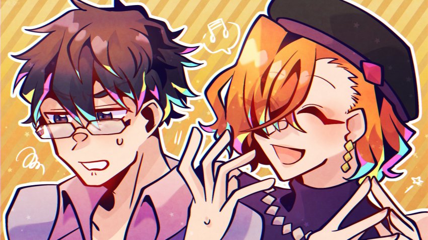 1boy, 1girl, black_hair, earrings, closed_eyes, eyes_visible_through_hair, fuya_(ntwewy), glasses