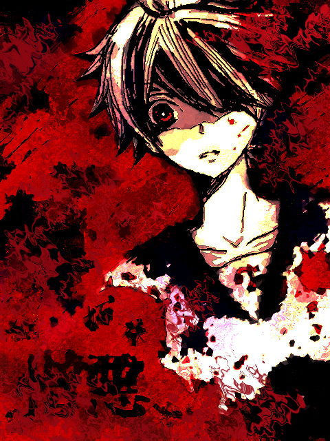 1boy, abstract_background, blonde_hair, hair_over_one_eye, hiromi_(pico_milk), kagamine_len, male_focus, paradichlorobenzene_(vocaloid)