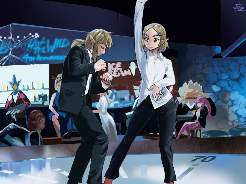 3boys, 4girls, blonde_hair, closed_eyes, commentary_request, dancing, daruk, green_eyes, link, mipha, monbetsu_kuniharu, multiple_boys, multiple_girls, nintendo, parody, pointy_ears, princess_zelda, pulp_fiction, purah, red_hair, revali, standing, the_legend_of_zelda, the_legend_of_zelda:_breath_of_the_wild, the_legend_of_zelda:_tears_of_the_kingdom, urbosa