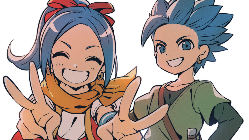 1boy, 1girl, ^_^, asada_hachi, blouse, blue_eyes, blue_hair, brother_and_sister, brown_scarf, camus_(dq11), closed_eyes, collarbone, commentary, double_v, dragon_quest, dragon_quest_treasures, dragon_quest_xi, earrings, facing_viewer, forehead, green_shirt, grin, hair_ribbon, happy, highres, jewelry, layered_sleeves, long_sleeves, looking_at_viewer, maya_(dq11), open_clothes, open_vest, red_ribbon, red_vest, ribbon, scarf, shirt, short_hair, short_over_long_sleeves, short_sleeves, siblings, simple_background, smile, spiked_hair, twitter_username, upper_body, v, vest, watermark, white_background, white_shirt, aged_down