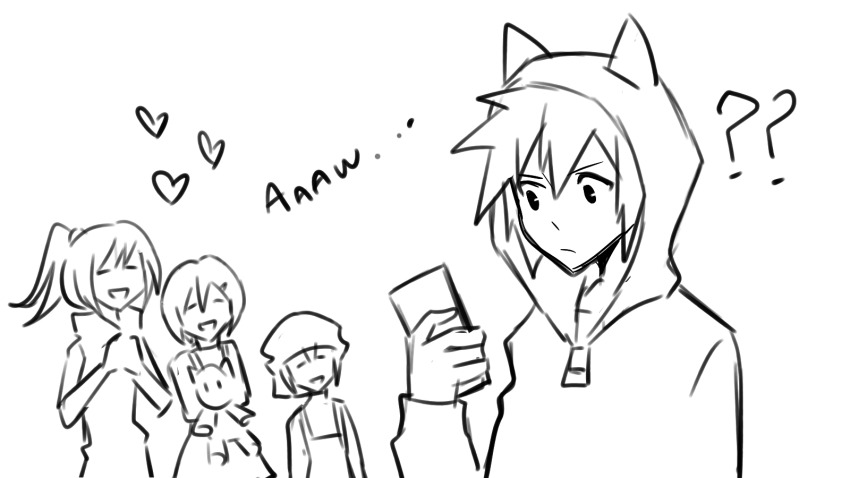 1boy, 3girls, altorav, animal_hood, beanie, bito_raimu, cellphone, confused