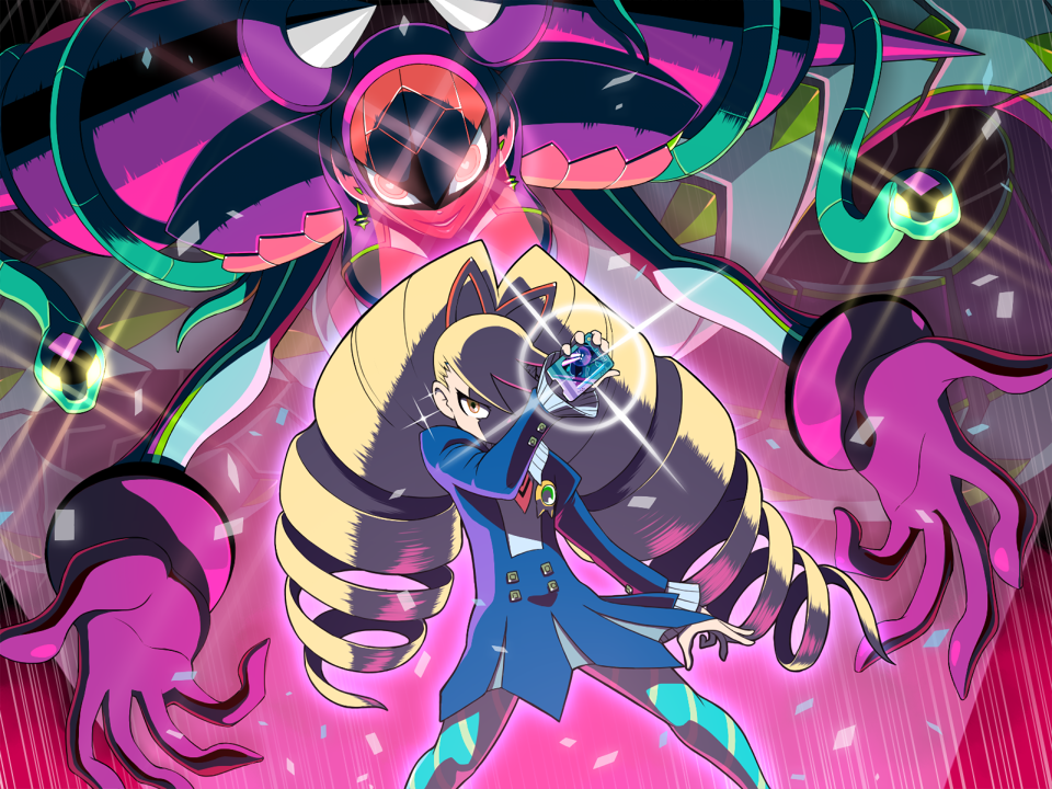 2girls, animal, arm_at_side, arm_up, badge, big_hair, blonde_hair, blue_dress