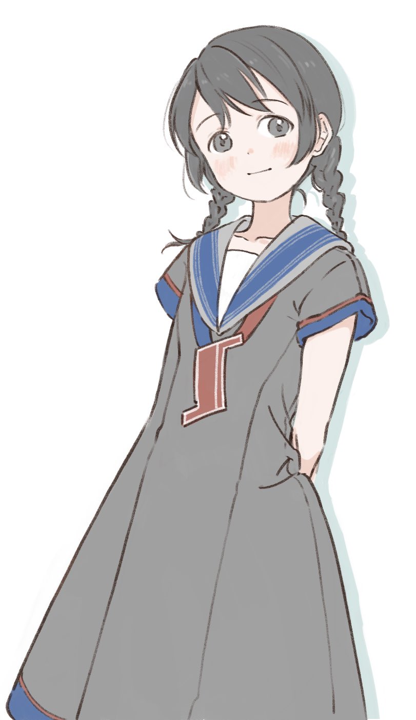 1girl, arms_behind_back, bad_id, bad_twitter_id, blush, braid, c2_kikan, dress