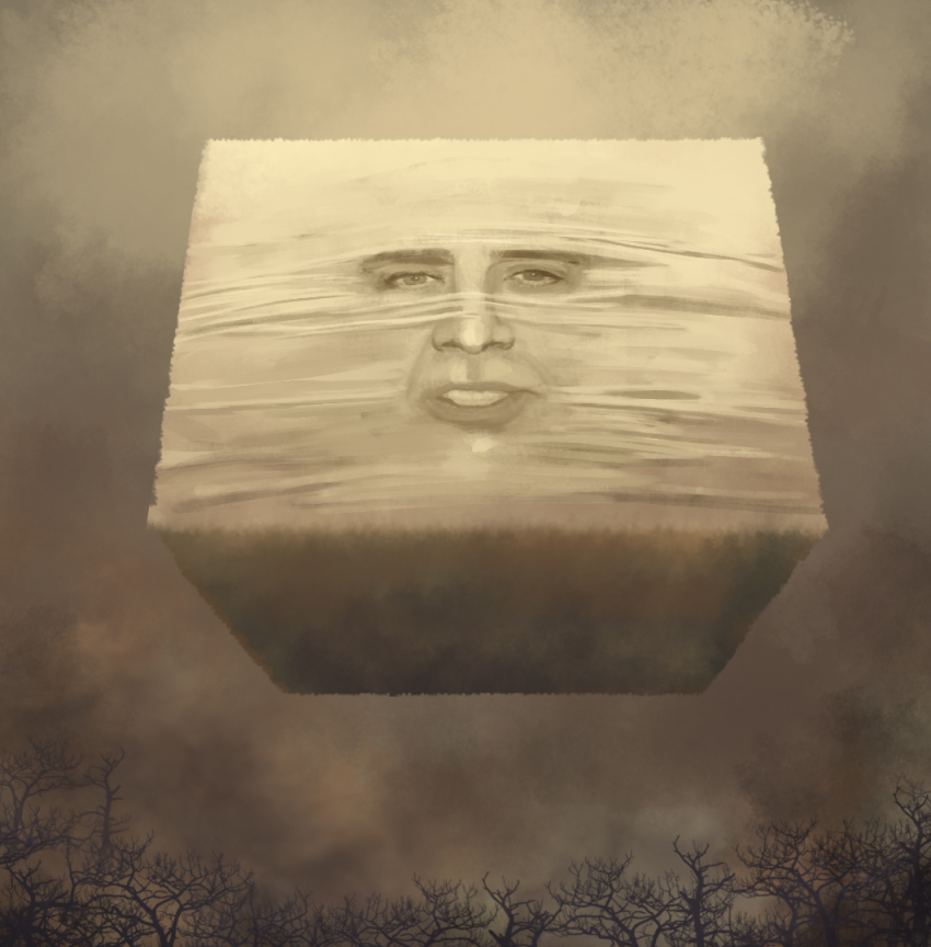 bare_tree, brown_theme, commentary, cube, forest, nature, nekonekosan_(kemushima3), nicolas_cage