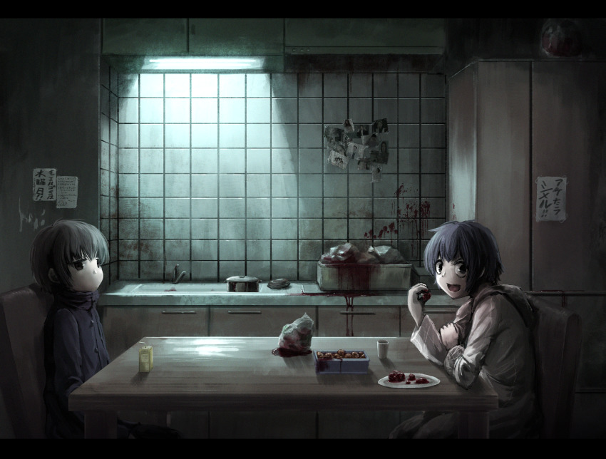 2boys, black_eyes, black_hair, black_jacket, blood, blood_splatter, buttons, cabinet