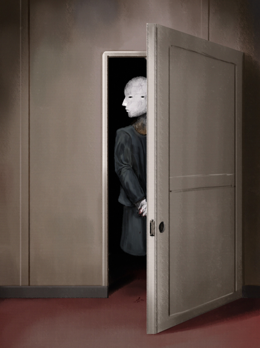 1other, anatomical_nonsense, bad_anatomy, bald, black_eyes, black_shirt, black_shorts, blood