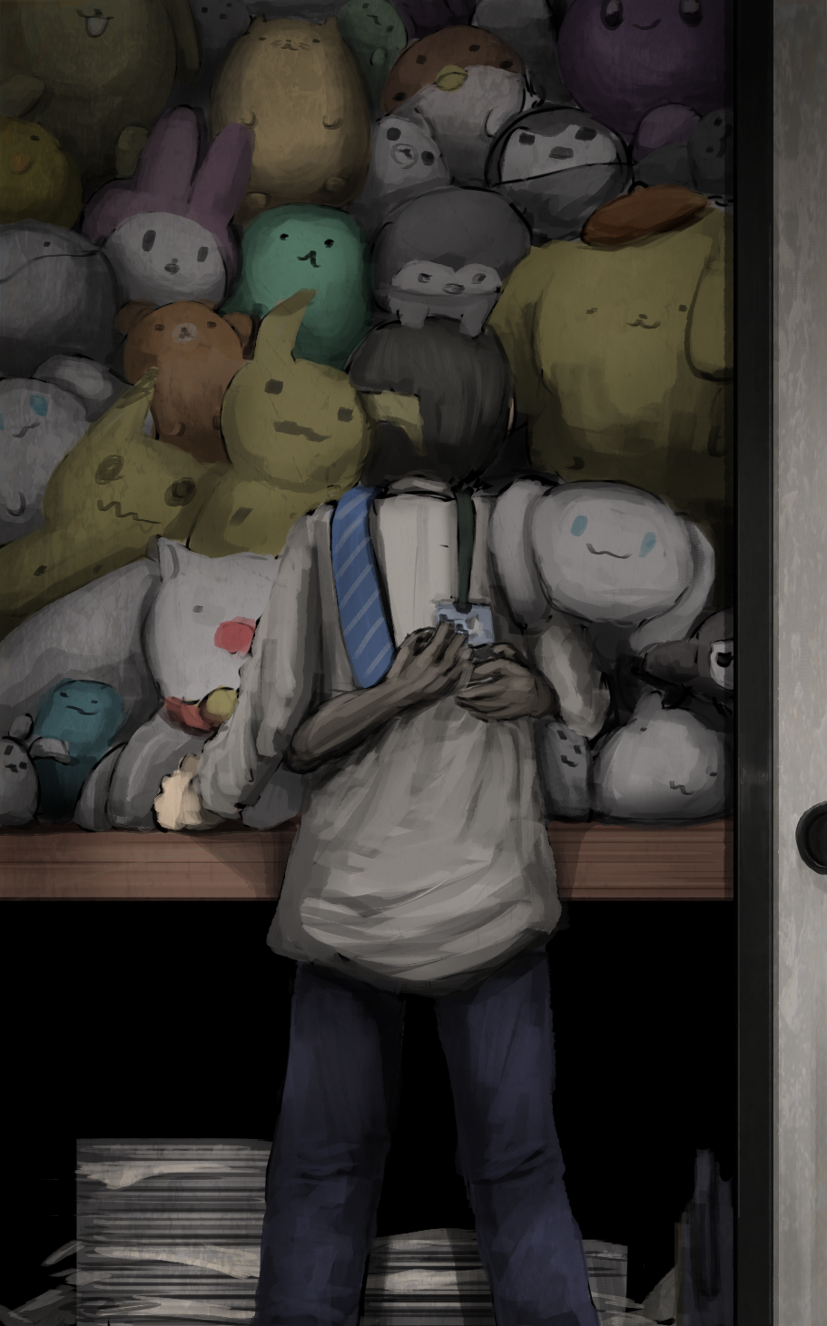 1boy, black_hair, blue_neckwear, blue_pants, character_doll, commentary_request, disembodied_hand, doll