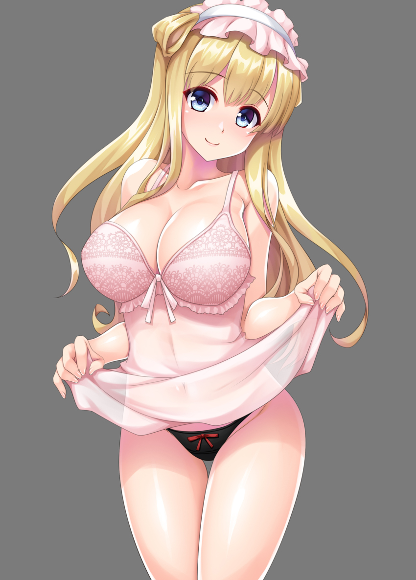 1girl, absurdres, black_panties, blonde_hair, blue_eyes, breasts, cleavage, closed_mouth, collarbone, cowboy_shot, fletcher_(kancolle), grey_background, groin, hair_between_eyes, hair_bun, highres, kantai_collection, large_breasts, long_hair, navel, panties, ruin_re_birth, side_bun, simple_background, single_side_bun, smile, solo, underwear, underwear_only